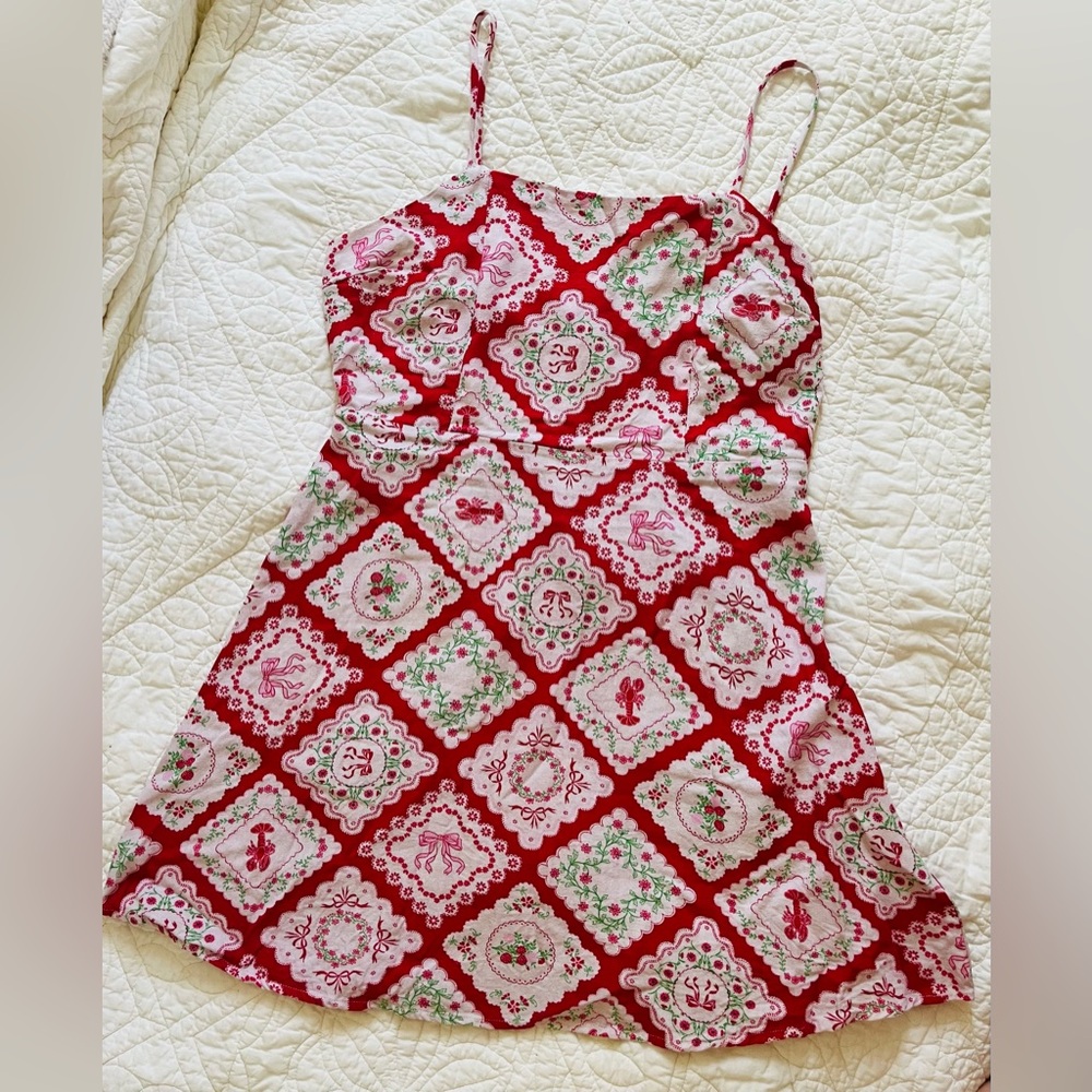 Monteau Red Floral Lobster Bandana-Print Slip Dress Linen Blend County Fair